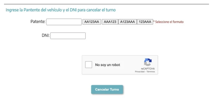 Pantalla para cancelar el turno de la VTV en Pontevedra con patente y DNI