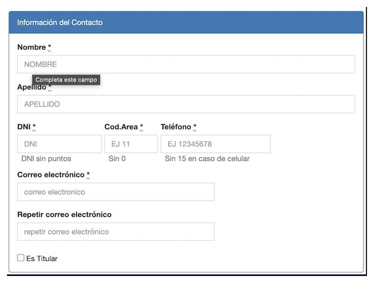 Paso 2 para sacar turno de la VTV en Pontevedra: información del contacto